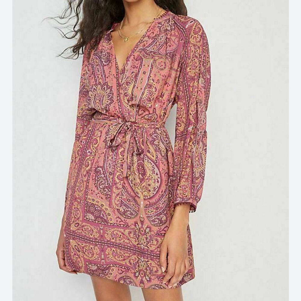 Anthropologie Tiny Odetta Paisley Boho Belted Dress Womens XS Orange Festival
